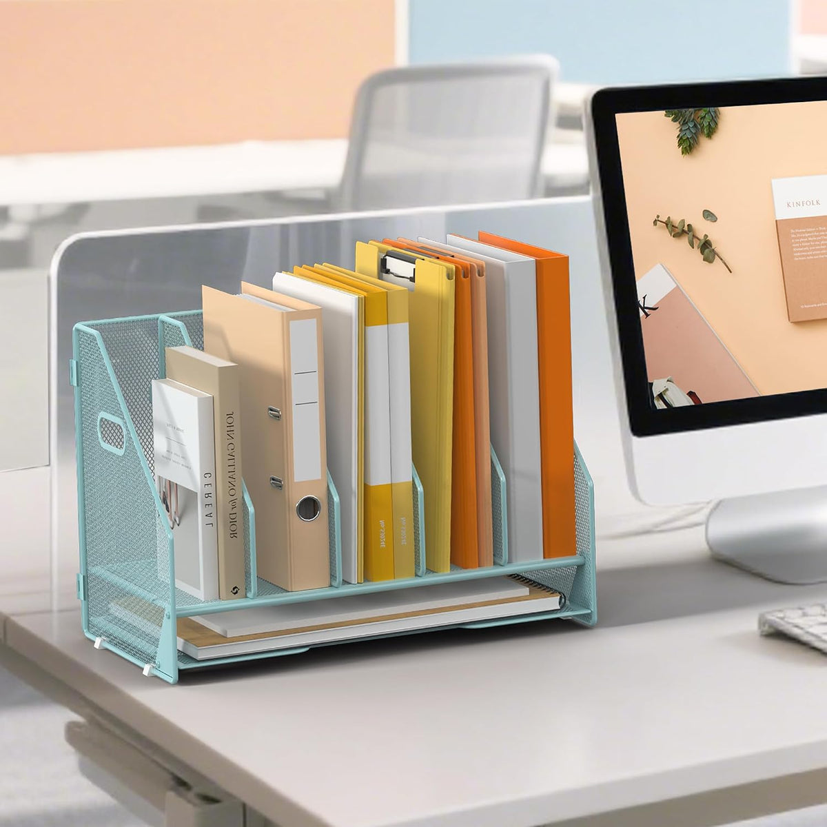 5 Vertical Mesh Desk Organizer with Paper Letter Tray, Blue | Sorting racks with lower letter tray section.