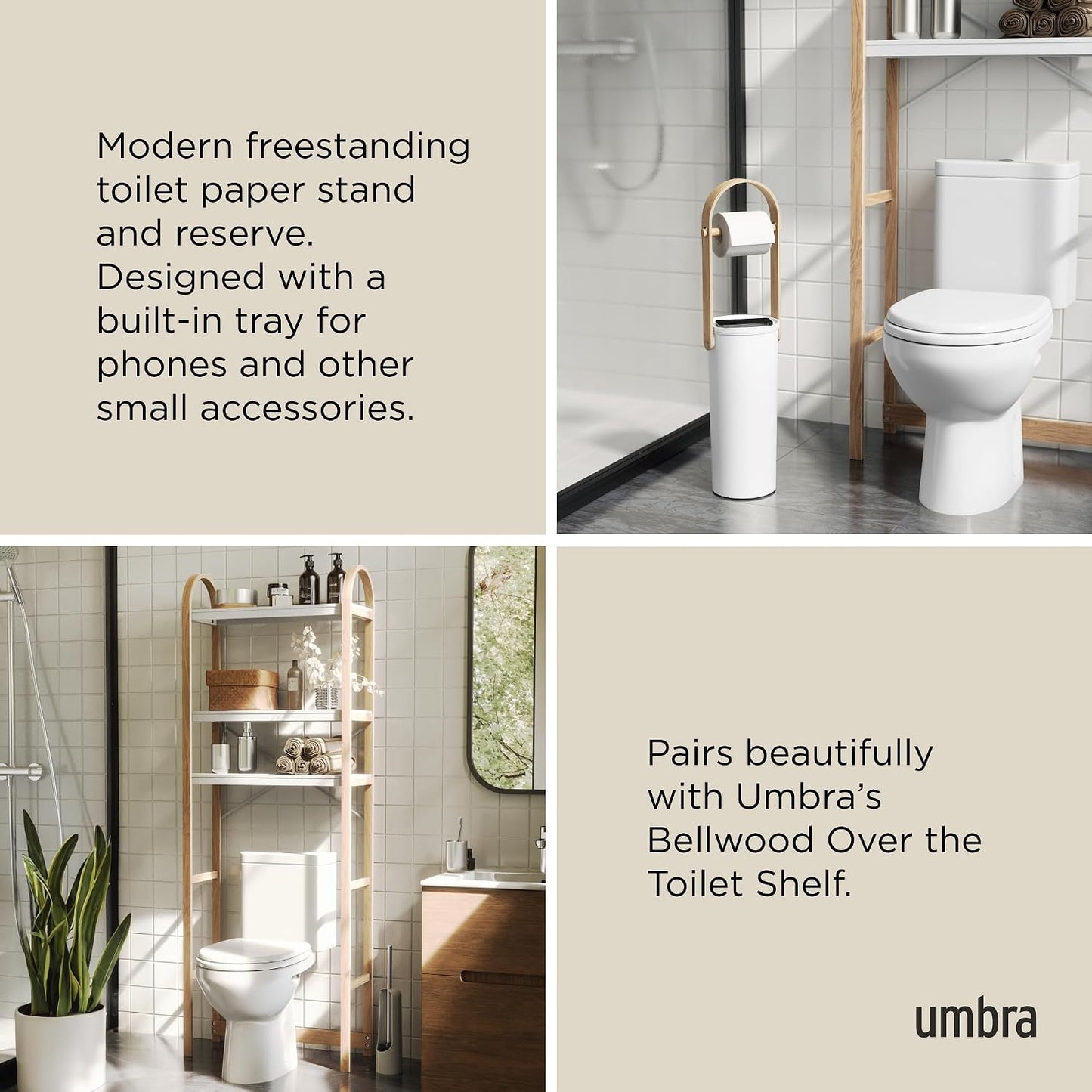 Umbra Bellwood Toilet Paper Holder, with Storage, 3 Rolls, White/Natural | Wood accents, compact for small spaces