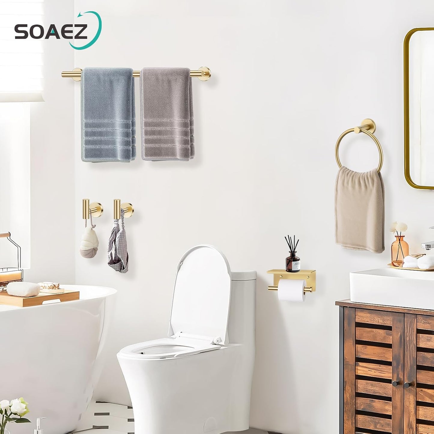 Brushed Gold Bathroom Hardware Set, 5 Pieces Gold Towel Bar Bathroom Accessories, Upgraded Toilet Paper Holder with
