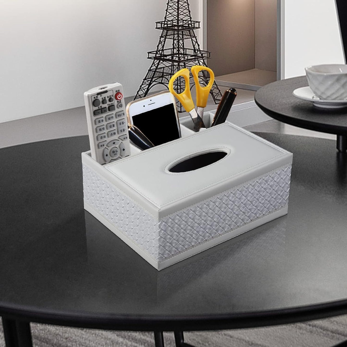 Tissue Box Cover Rectangle White Kleenex Box Holder PU Leather Facial Tissue Organizer,Multifunctional Remote Control