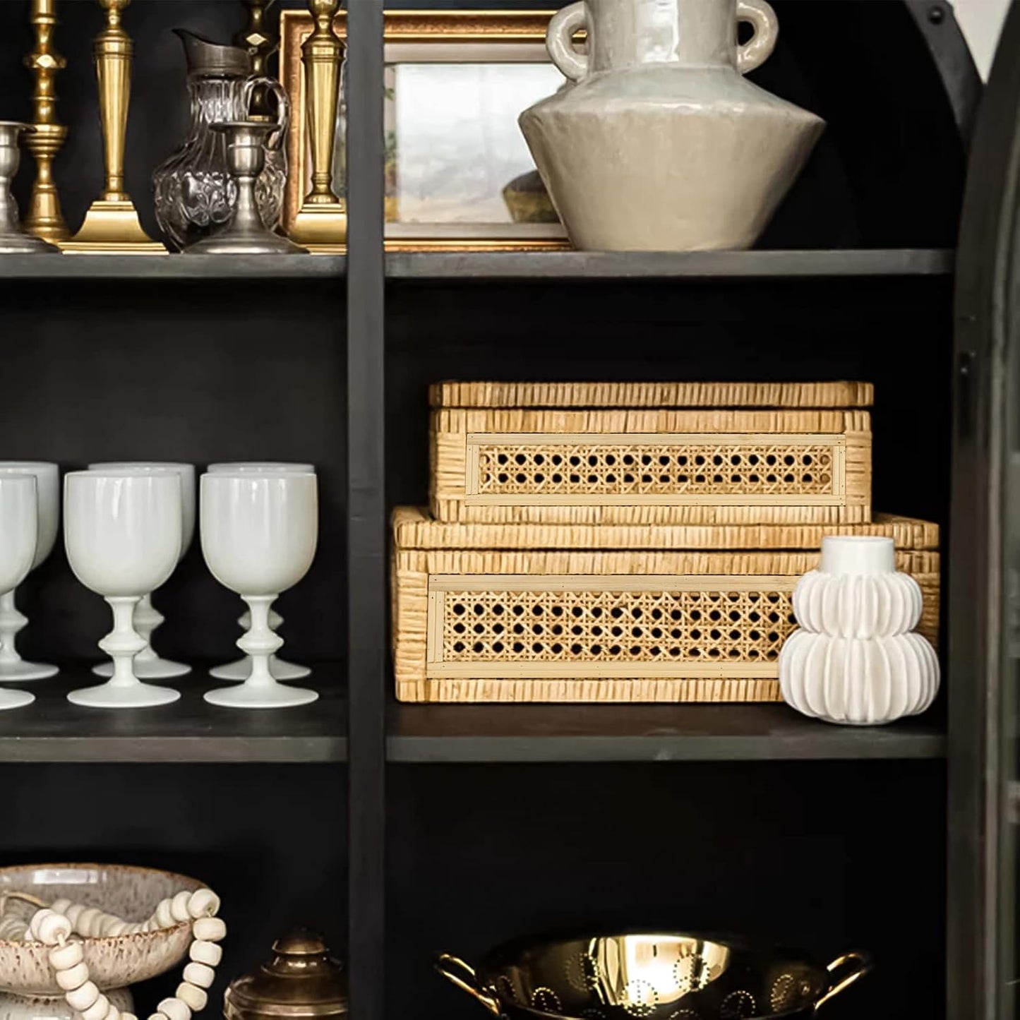 Large Handwoven Boho Rattan Display Boxes / Natural / Set of 2