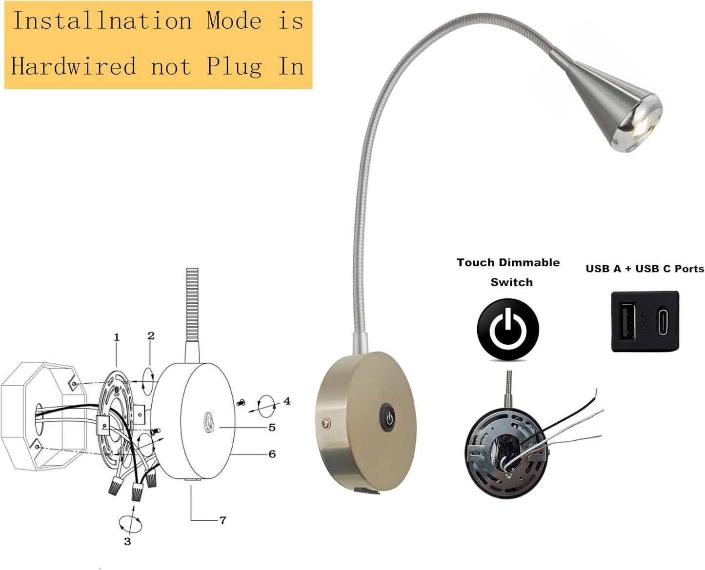 HomeFocus Bedside Reading Wall Light,LED Wall Lamp,Wall Sconces,Nickel