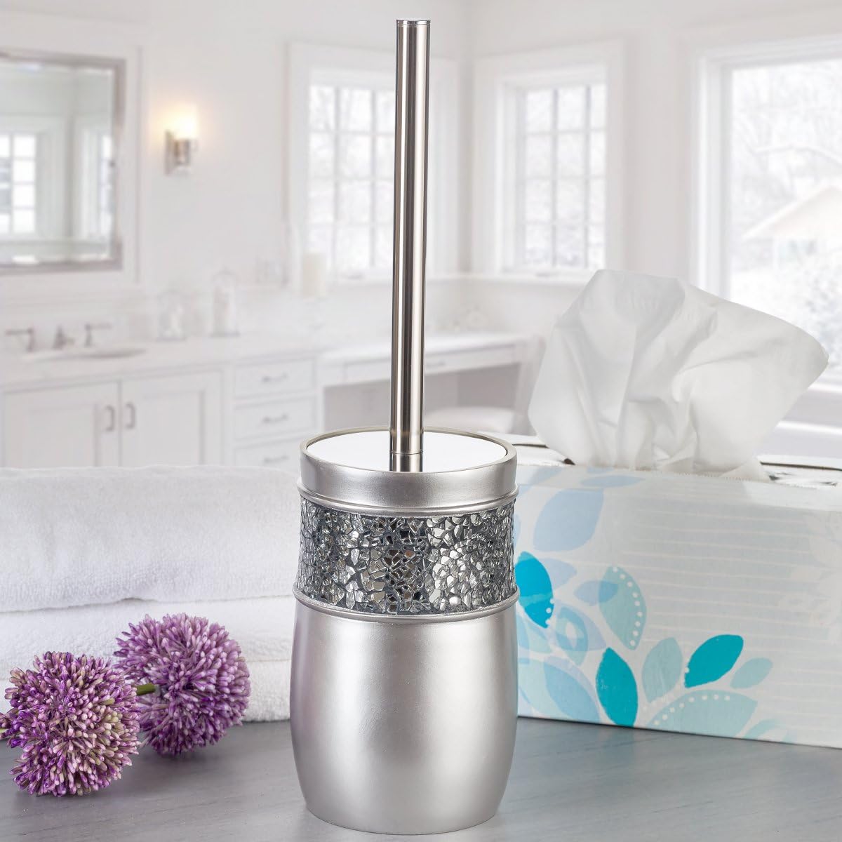 Creative Scents Crackled Glass 6 Pc. Silver Resin Bathroom Accessories Set | Includes Toilet Brush and Holder, Tissue