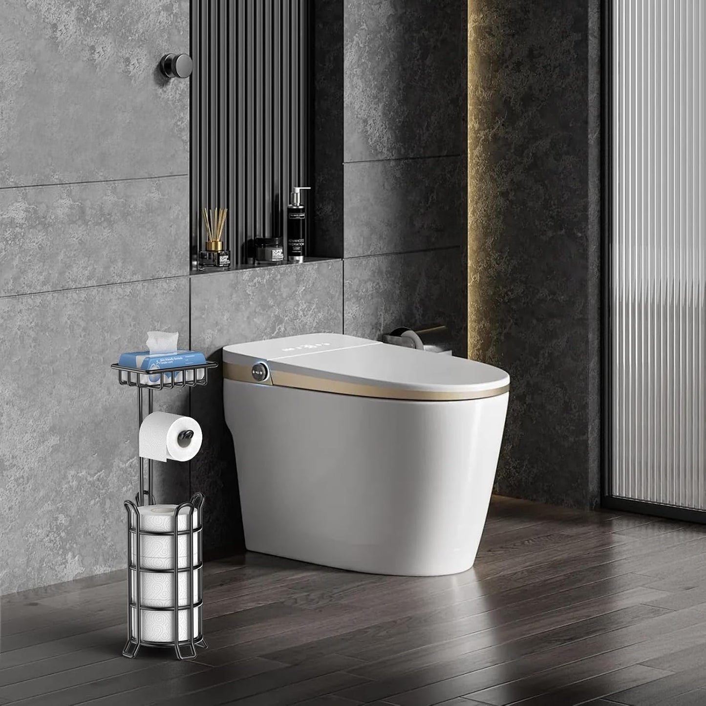 TomCare Toilet Paper Holder Free Standing with Shelf, Stable 4 Raised Feet | Stores 4 Mega Rolls, Tool-Free Assembly