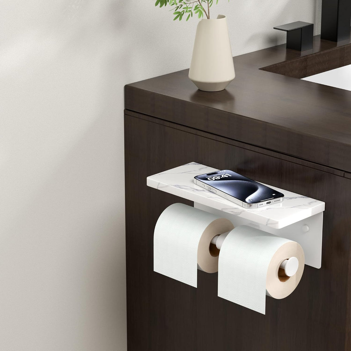 FORIOUS Double Marble Toilet Paper Holder with Phone Shelf, Commercial | White, Wall Mount 304 Stainless Steel Bathroom