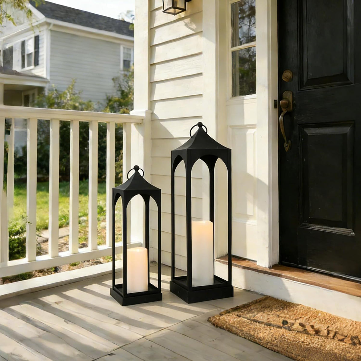 LED Lanterns Decorative Outdoor&Indoor, 23'' 16‘’ Large Black Lanterns Set with 2 Flameless Candles, Metal Holders for