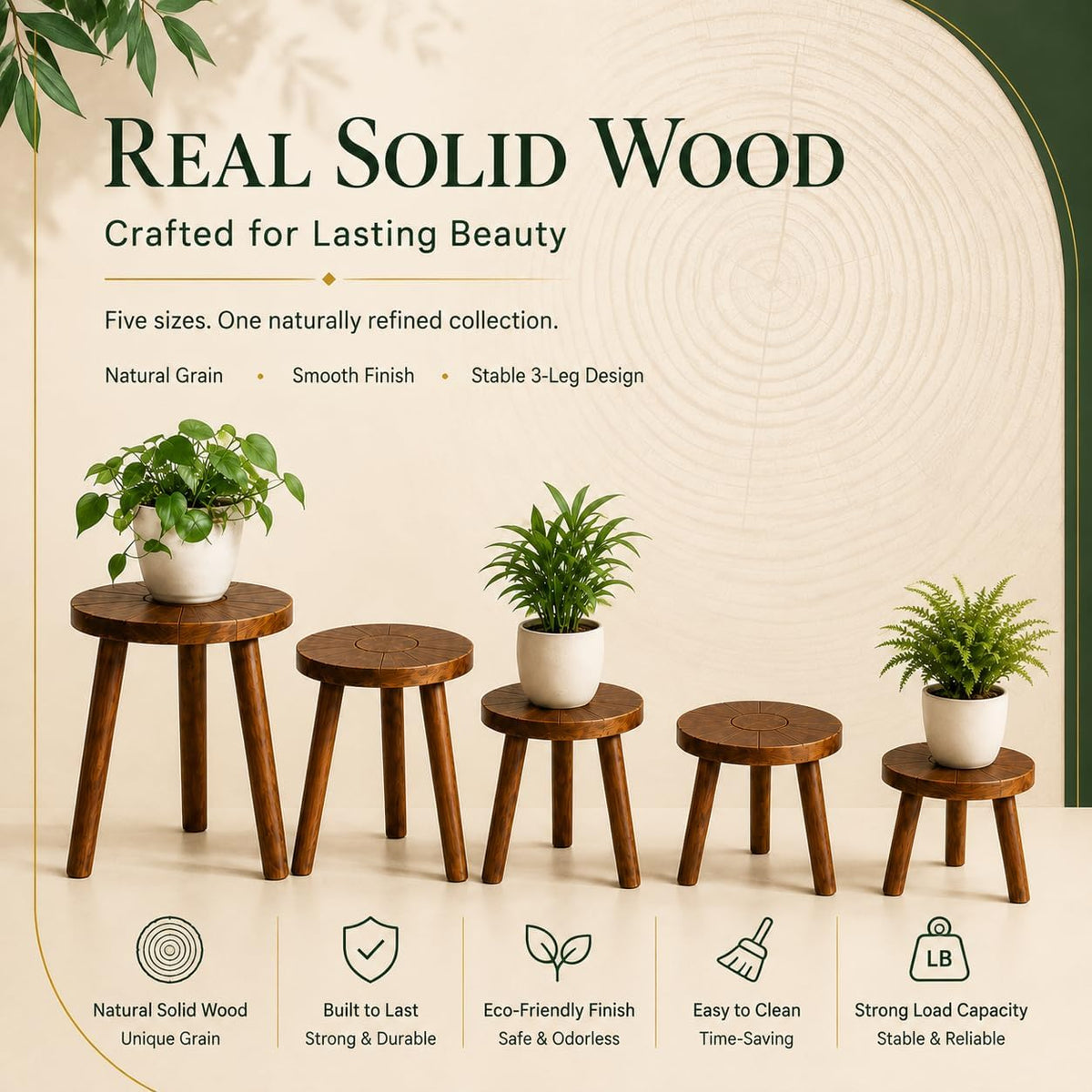 5-Pack Single Wood Plant Stands for 6-12 Inch Pots, Indoor Set | Five Heights Create a Balanced, Layered Plant