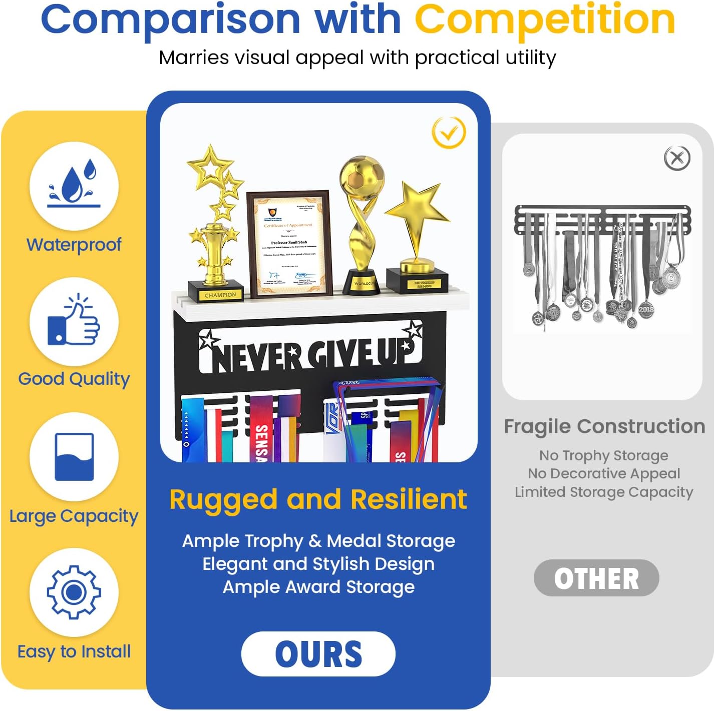 Medal Holder Display Trophy Shelf Organizer, Sturdy Wooden Race Award Hanger Rack with 25 Steel Hooks, Wall Mount