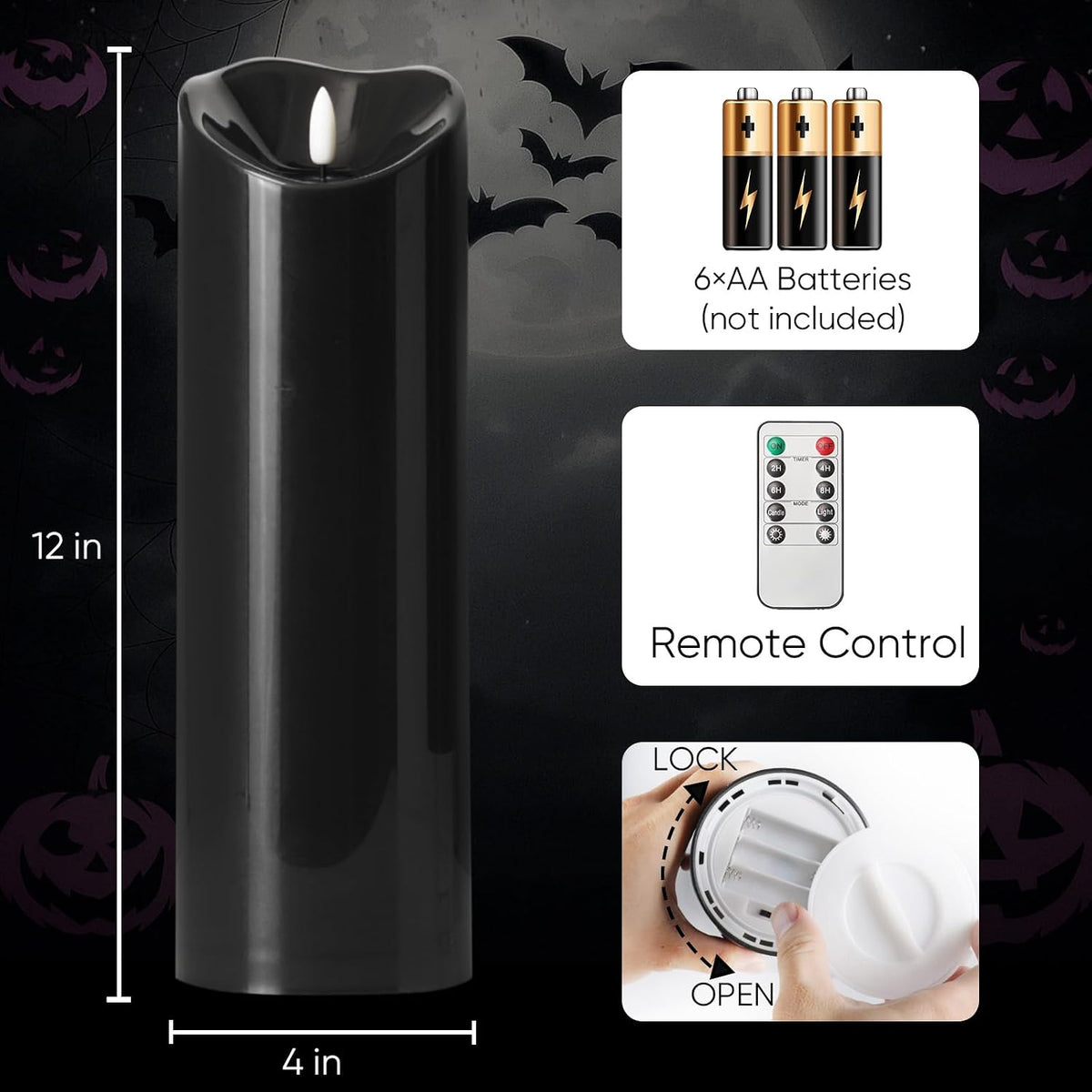 Homemory 4"x12" Black Flameless Candles, Halloween Candles, Outdoor Waterproof Flameless Candles with Remote and