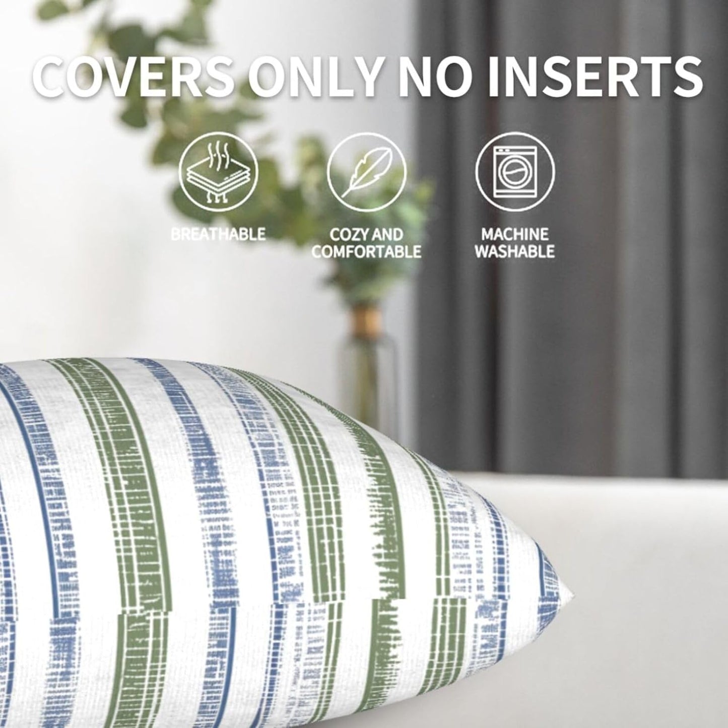 Boho Blue and Sage Green Striped Throw Pillow / 18 x 18 / Boho Blue Sage Green Striped / Set of 2