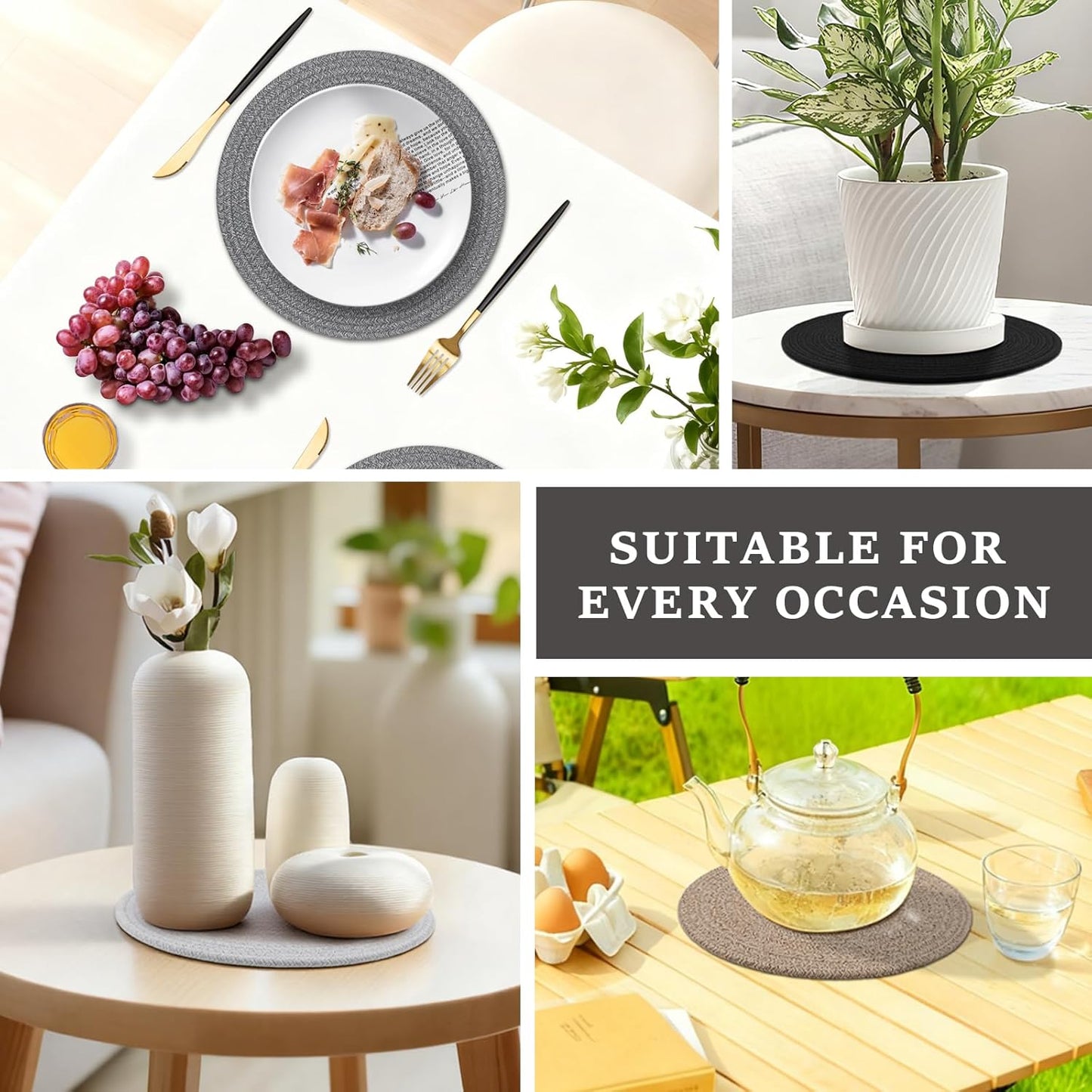 Round Placemats Set of 6, Cotton Rope Woven Table Mats, Hot Pads for Kitchen, Non Slip Heat Resistant Place Mats, 13