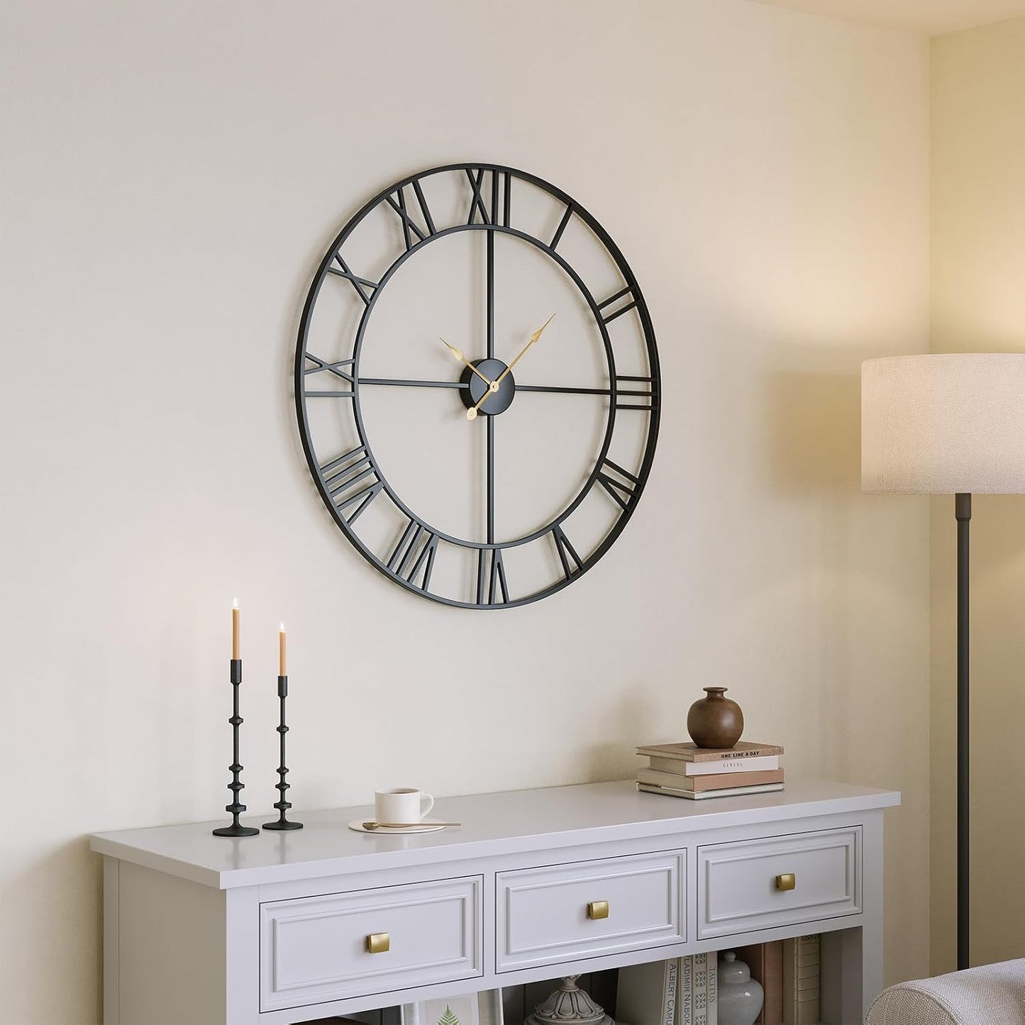 Cuspin Large Wall Clock 30 Inch for Living Room Decor, Black Roman Numeral | Modern metal round,battery operated,silent