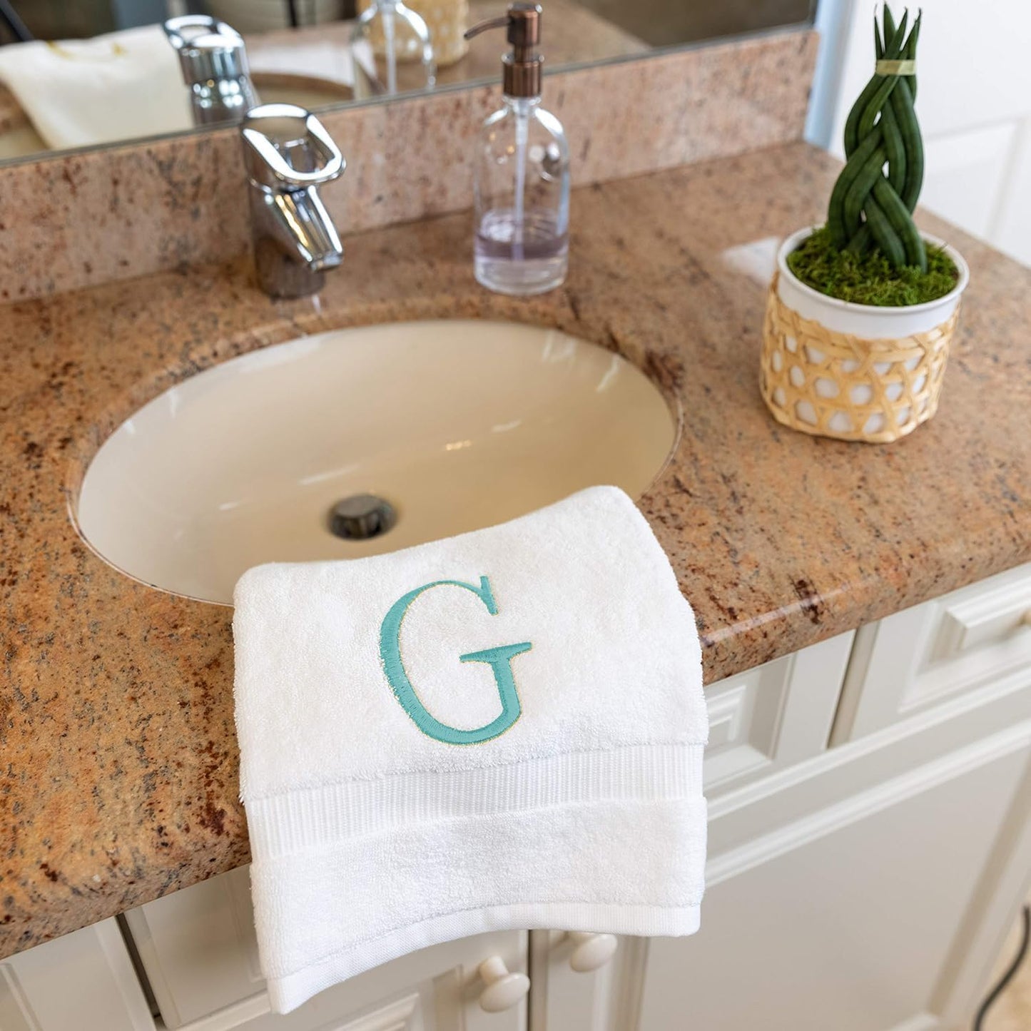 White with Teal Monogrammed Hand Towels for Bathroom - Set of 2 Letter G | Luxury Hotel Quality Initial Towels For