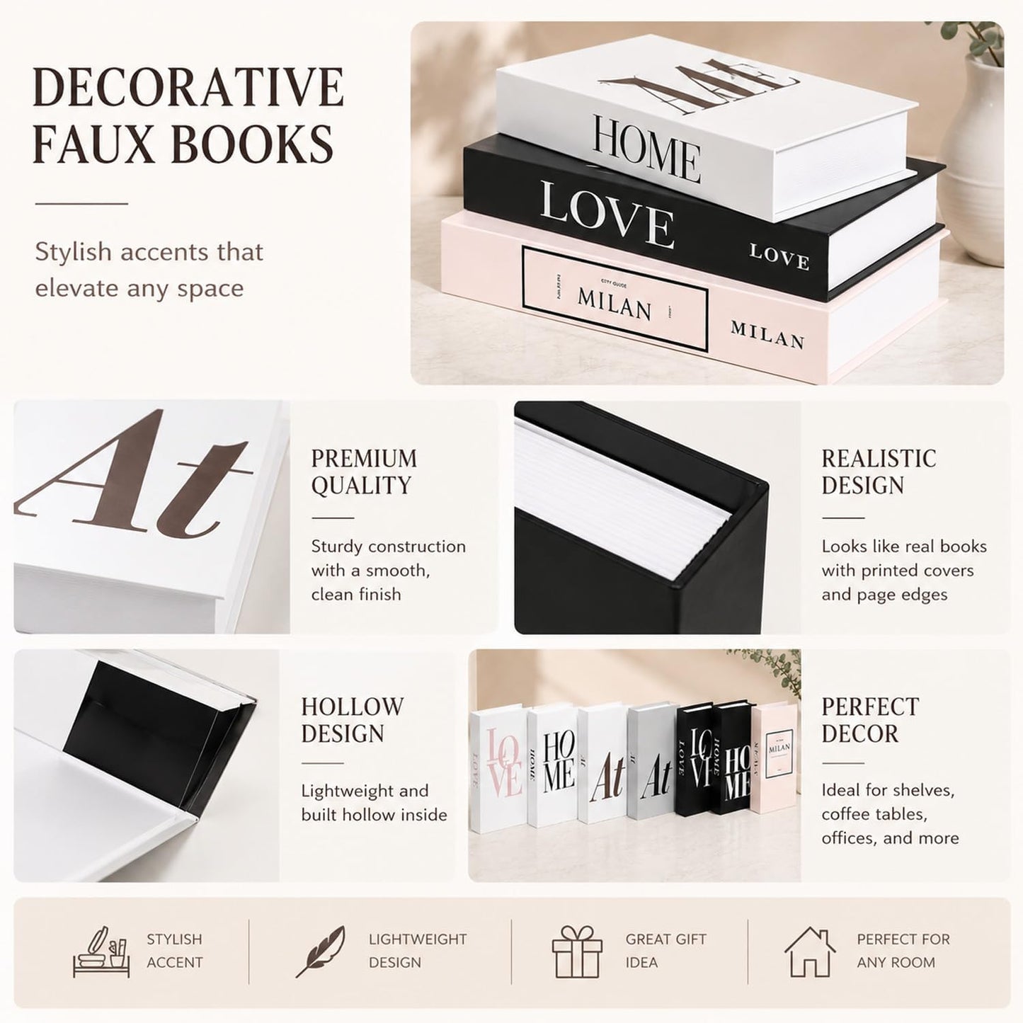 Decorative Faux Books for Decoration / Black and White / 7 PACKS / Set of 7