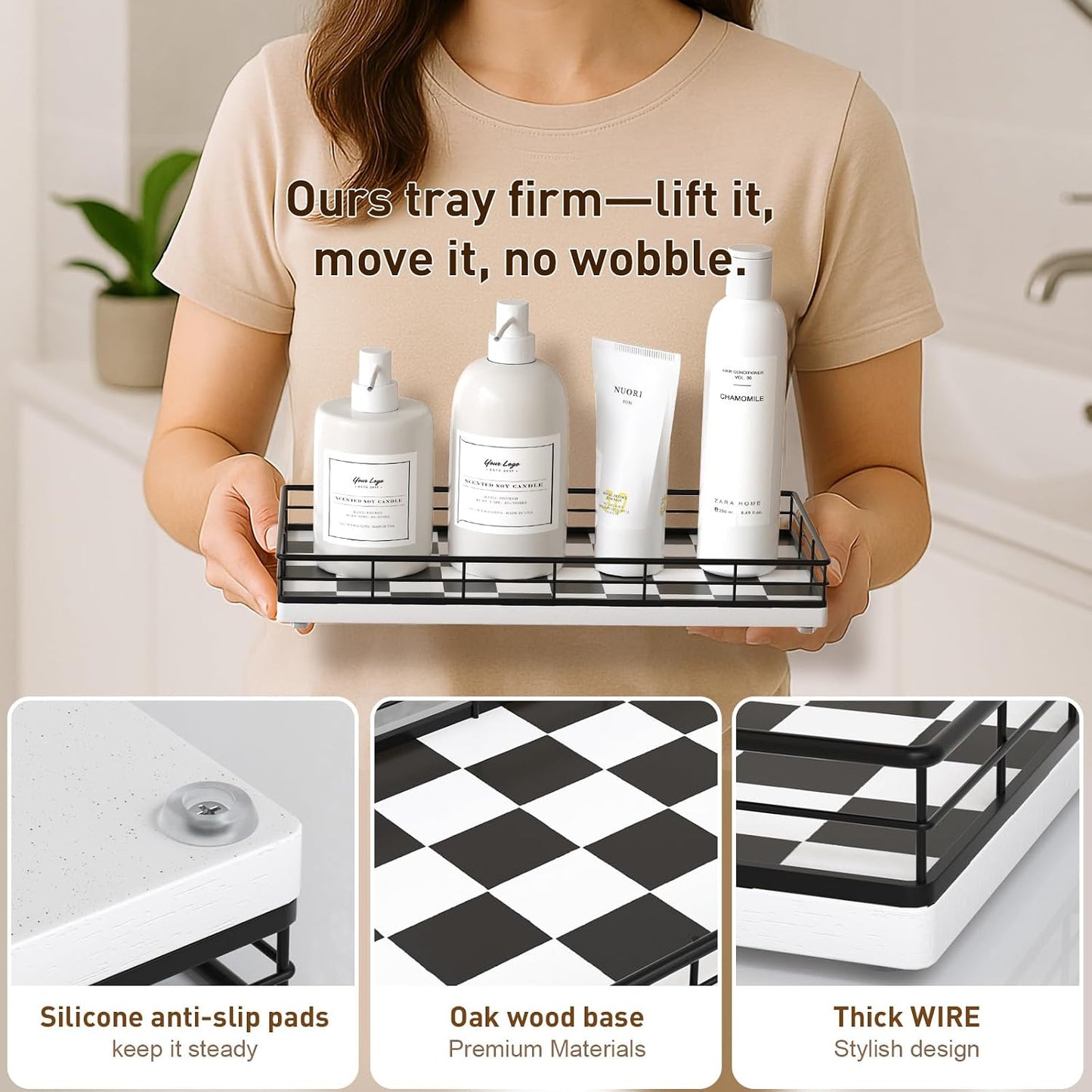 Metal Frame / Oak Wood Toilet Tank Tray / Black & White / 13 x 6.5 x 2