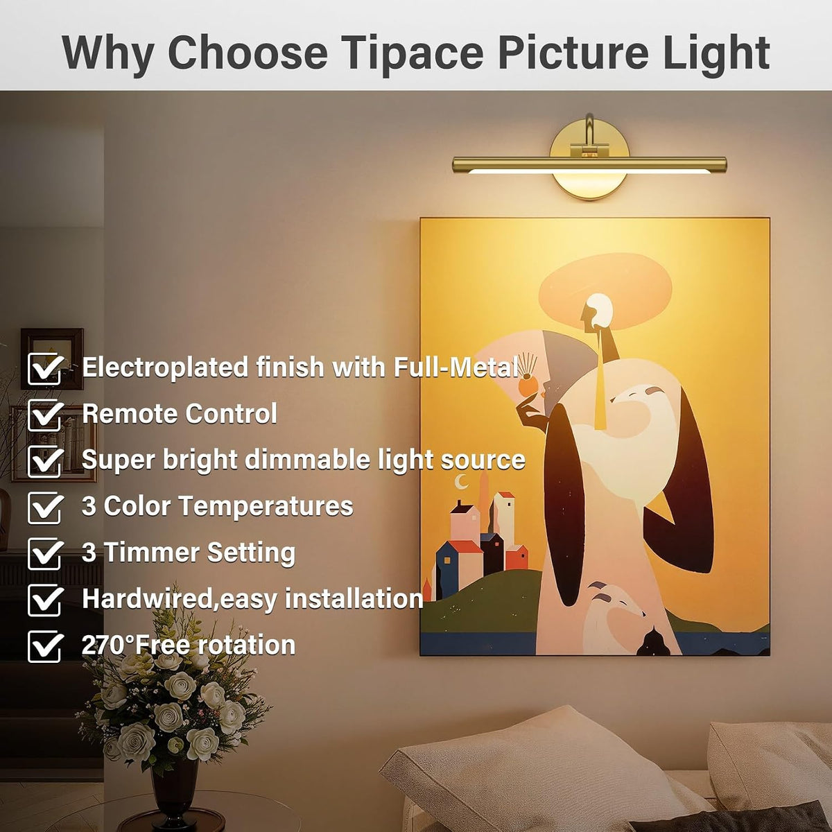 Tipace Hardwired Gold Picture Lights for Paintings - 15.7 inch 3CCT Dimmable Gallery Light LED Wall Art Lighting with