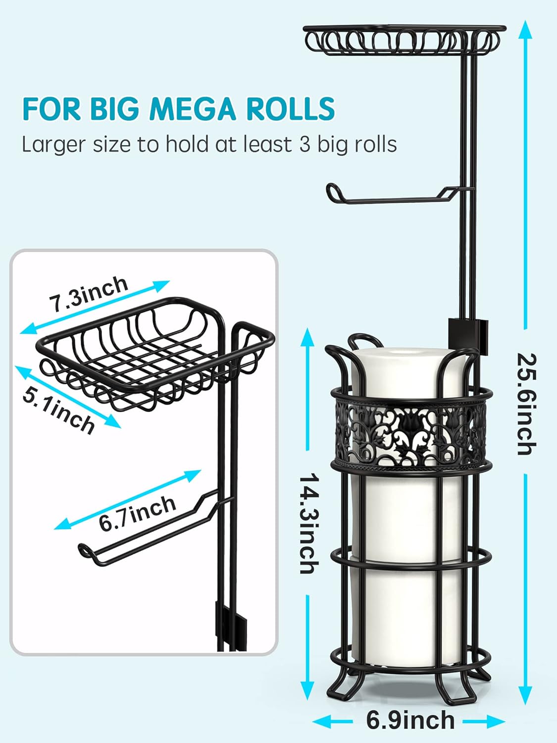 Toilet Paper Holder Stand with Shelf, Free Standing Toilet Paper Roll Dispenser Holds 3 Big Rolls of Jumbo Mega Paper