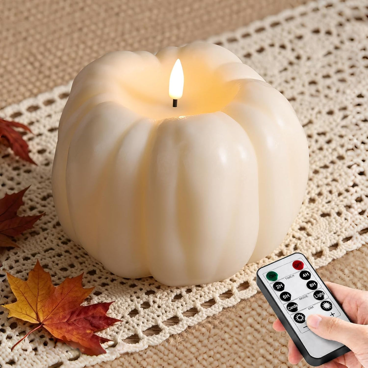 Eywamage Cream Pumpkin Flameless Candle with Remote, Fall Decorations