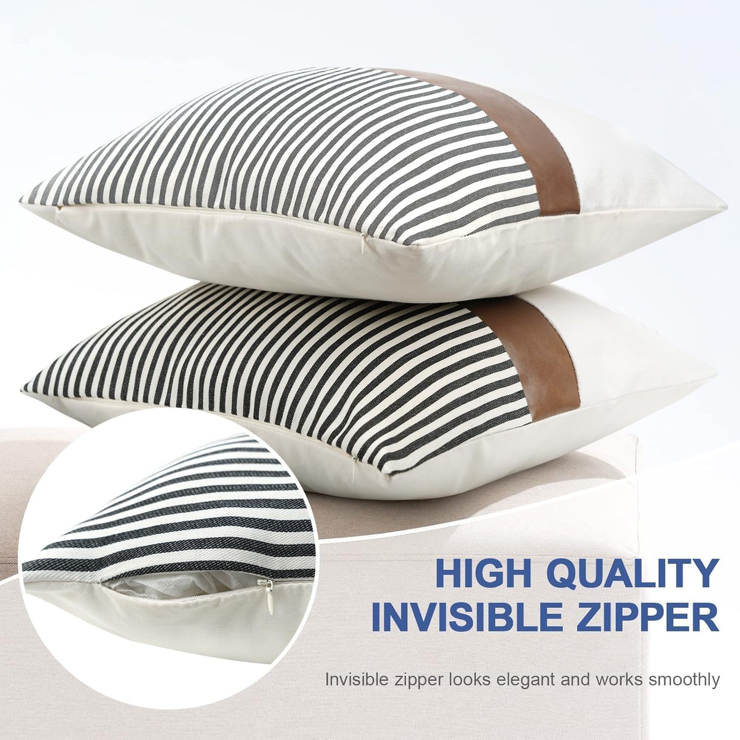 Modern Dark Brown Faux Leather Accent Pillow Covers / Navy Blue / 18 x 18 / Set of 2
