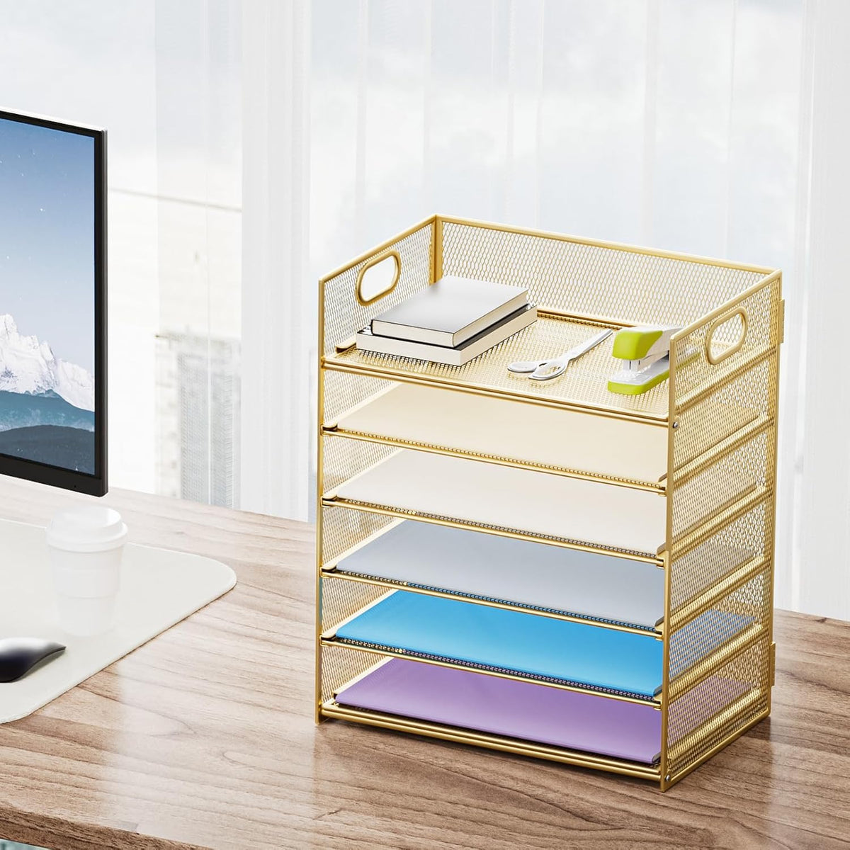 Marbrasse Paper Letter Tray Organizer - 6 Tier Mesh File Organizer with Handle, Paper Sorter Organizer for Letter/A4