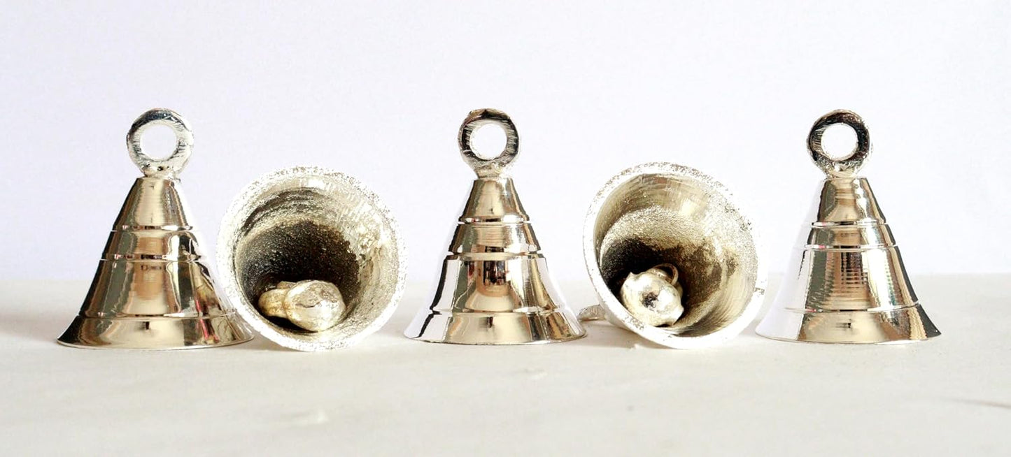 Solid Brass Pooja Bells with J Hook Home Decor Christmas Bell Wall Hanging Jingle Bell Ornaments New (24, Silver Bells