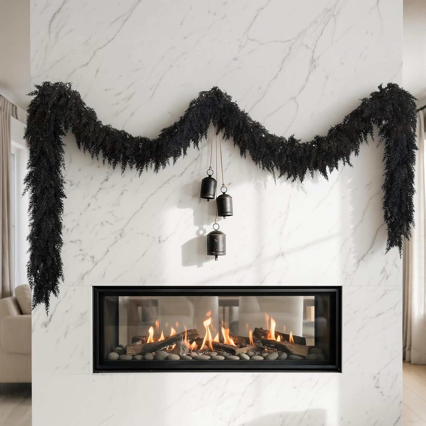 2PCS 9FT Halloween Cedar Garland, Black Real Touch Christmas Decorations | Realistic Thick Soft Full Lush Artificial