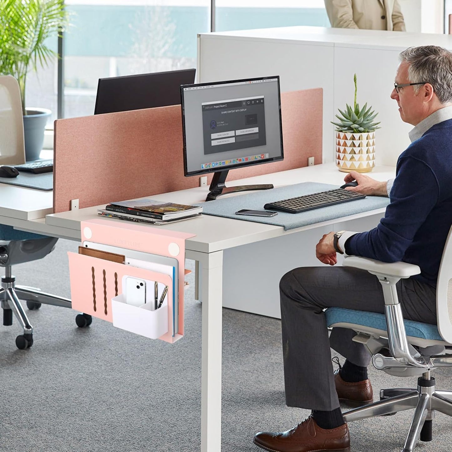 LUKETURE Desk Side Storage Laptop Holder No Drill Clamp On Organizer | Steel Side Desk Organizer, Clamp on Laptop Mount