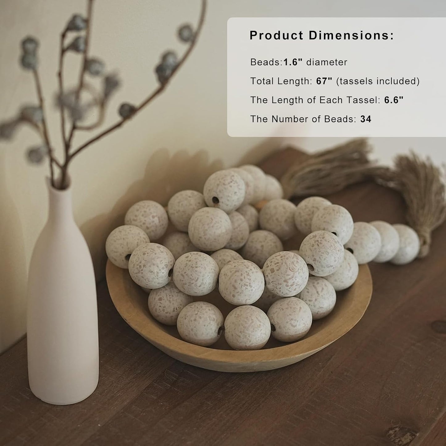 Wooden Beads Garland / 67 Inches / Rustic White