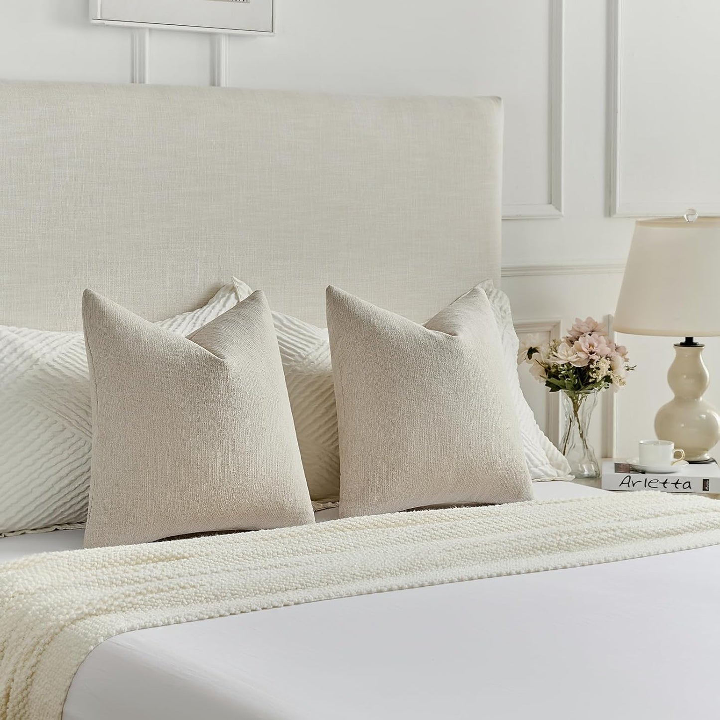Chenille Decorative Throw Pillow Covers / Beige / 18 x 18 / Set of 2