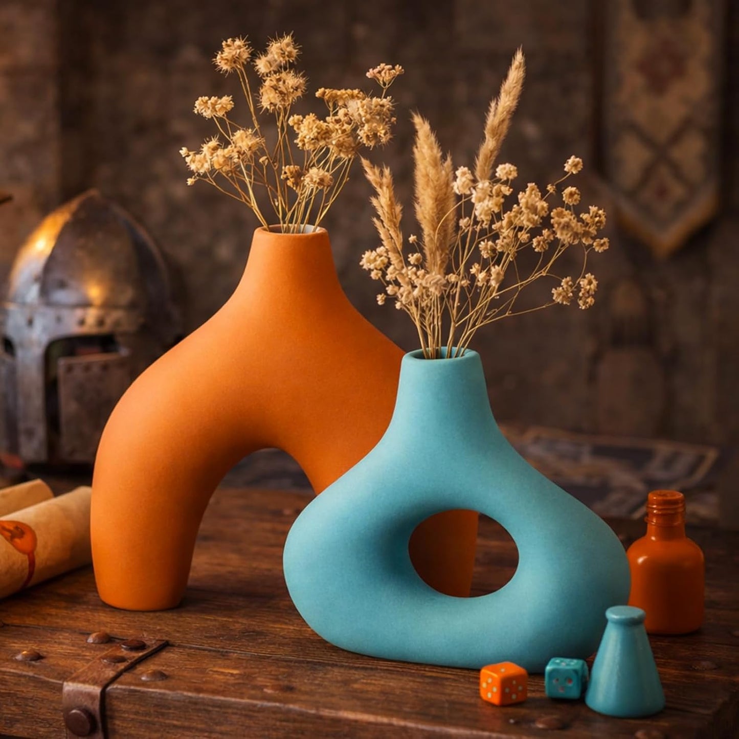 Mid Century Modern Decor Ceramic Donut Vases / Orange Blue / Set of 2