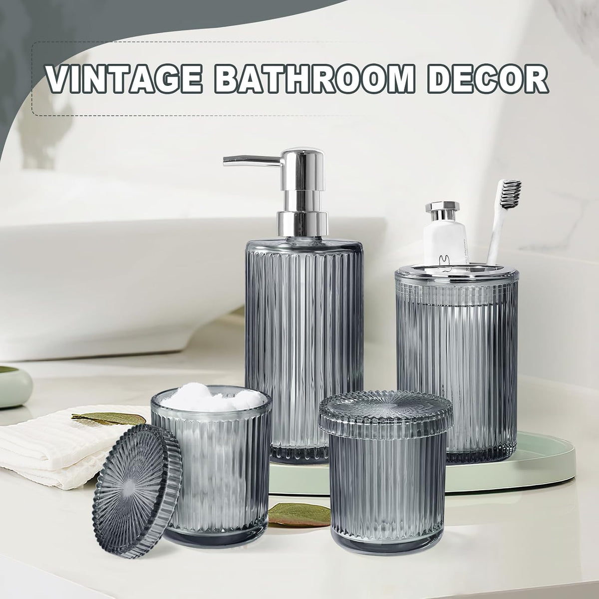 KASUNTING Gray Glass Bathroom Accessories 4 Pcs, Grey Bathroom Set, Soap Dispenser and Toothbrush Holder Set, Qtip