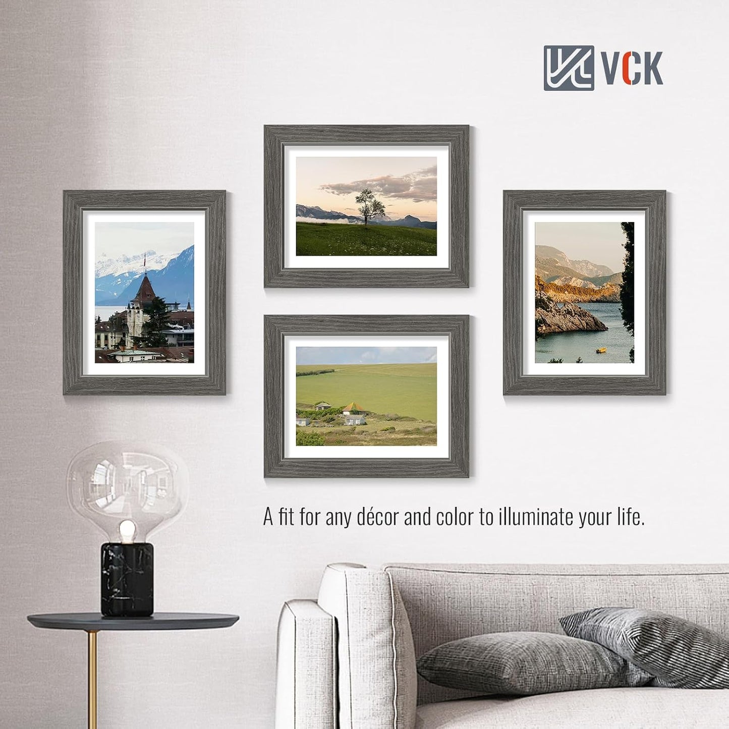 VCK 8.5 by 11 Picture Frame Grey 4 Pack, Wide Thick Wood Border, for Photo | Exclusive Woodgrain, Wall/Tabletop, HD