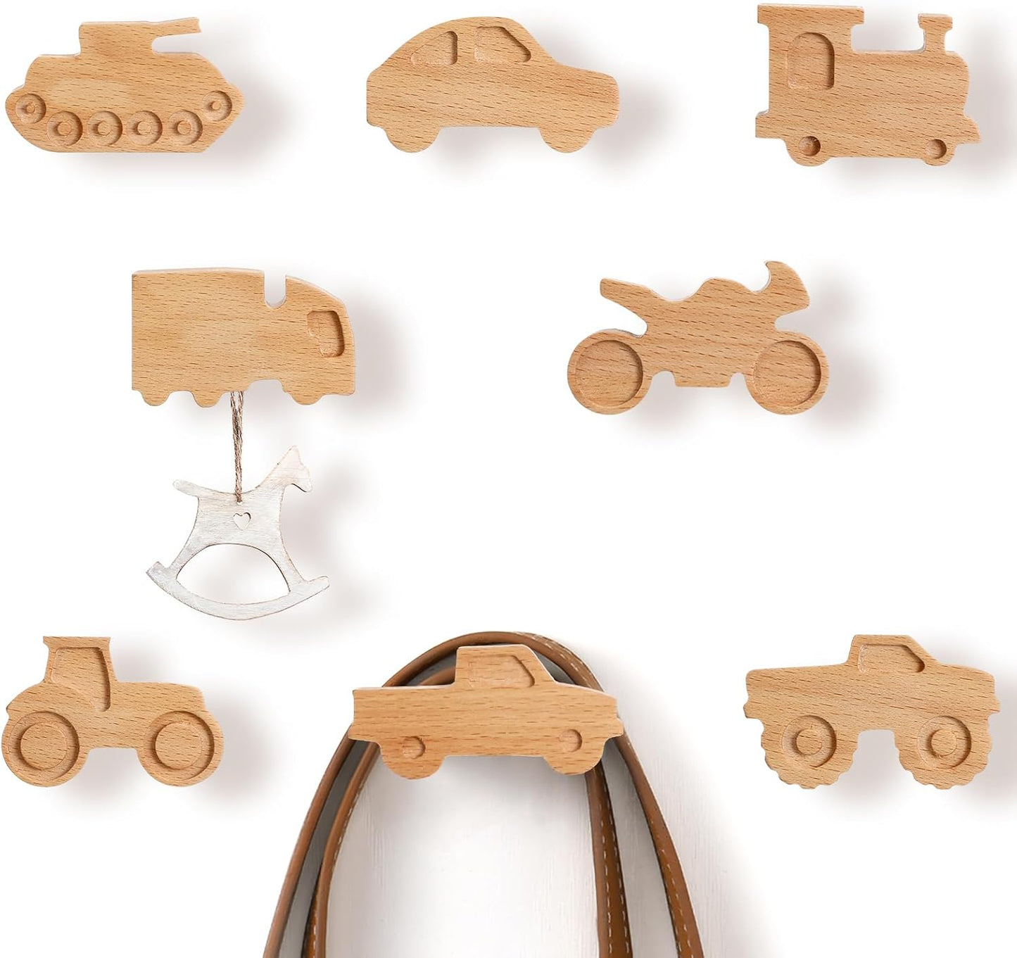 Kids Coat Hooks Wall Mount Car Shaped Wooden Coat Rack for Kids Room Nursery Wood / Cars / Set of 8