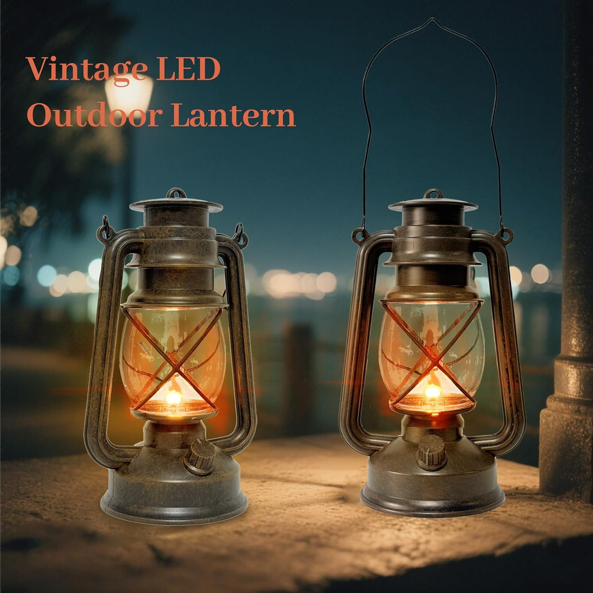 2 Pack LED Vintage Lantern Battery Powered Lanterns with Flame Wick Waterproof Camping Lamp Vintage LED Flame Lamp