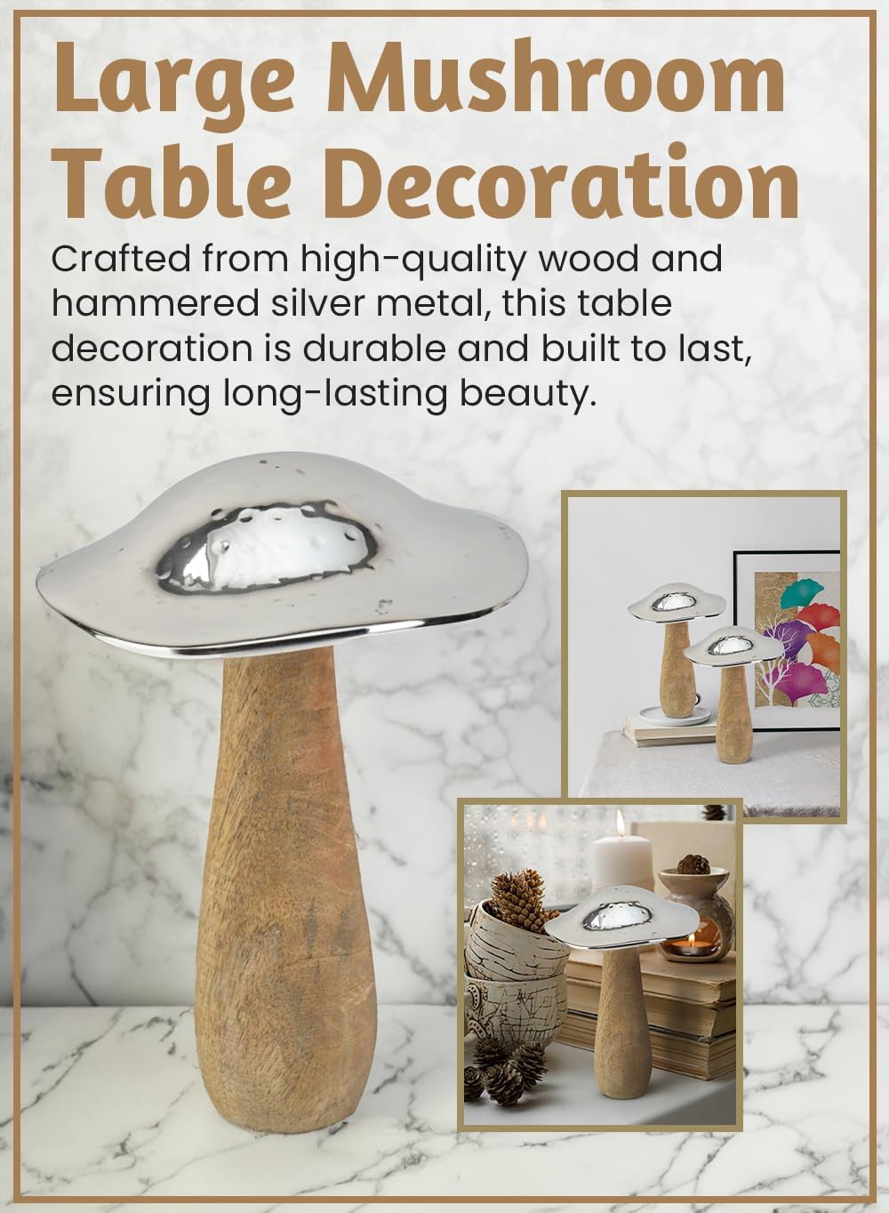 8- Wood and Hammered Metal Mushroom Sculpture Decor / Large - Single / Silver