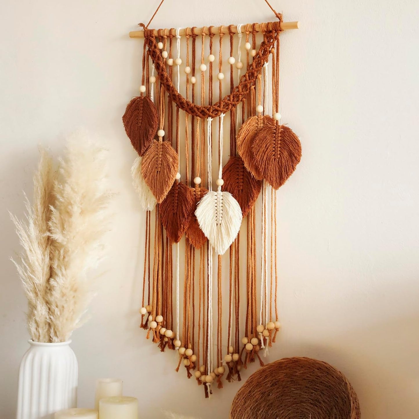 Macrame Wall Hanging -Handmade Leaf Wall Tapestry / Brown Orange