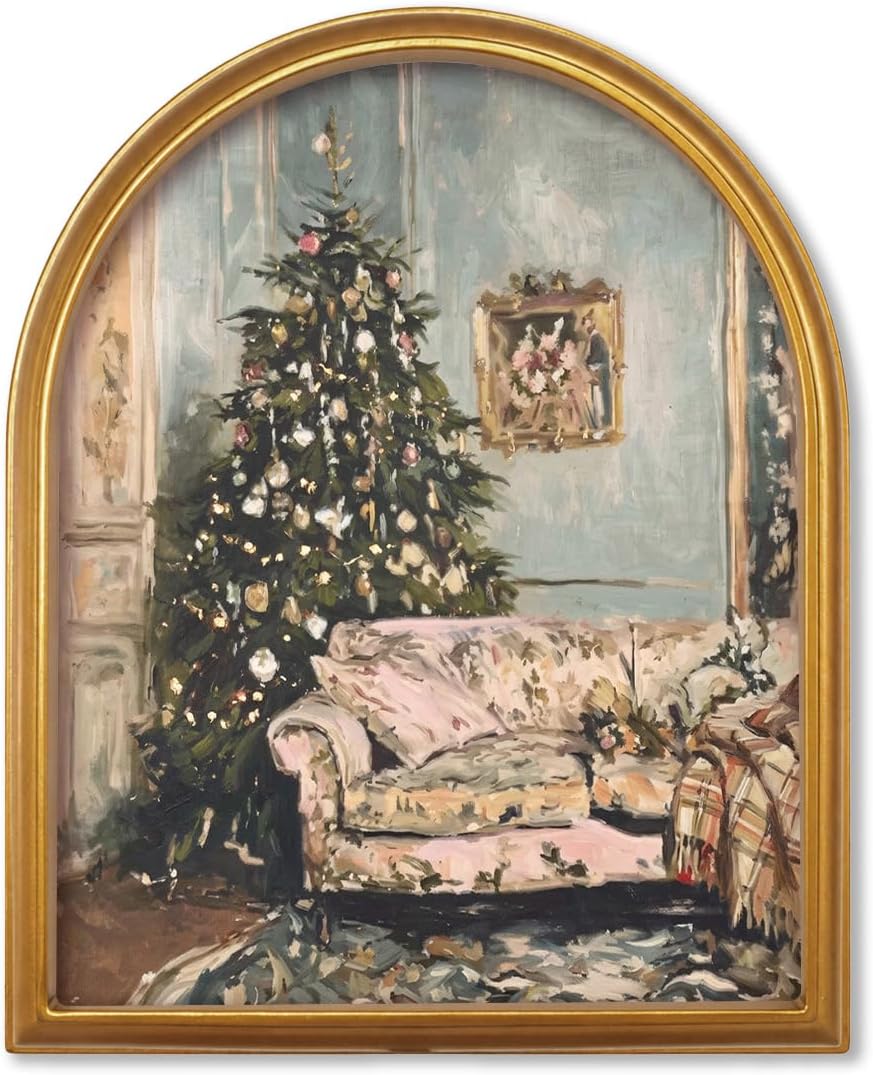 TwoDays Vintage Christmas Cozy Scene 11" x 13.8" Arched Framed Wall Art