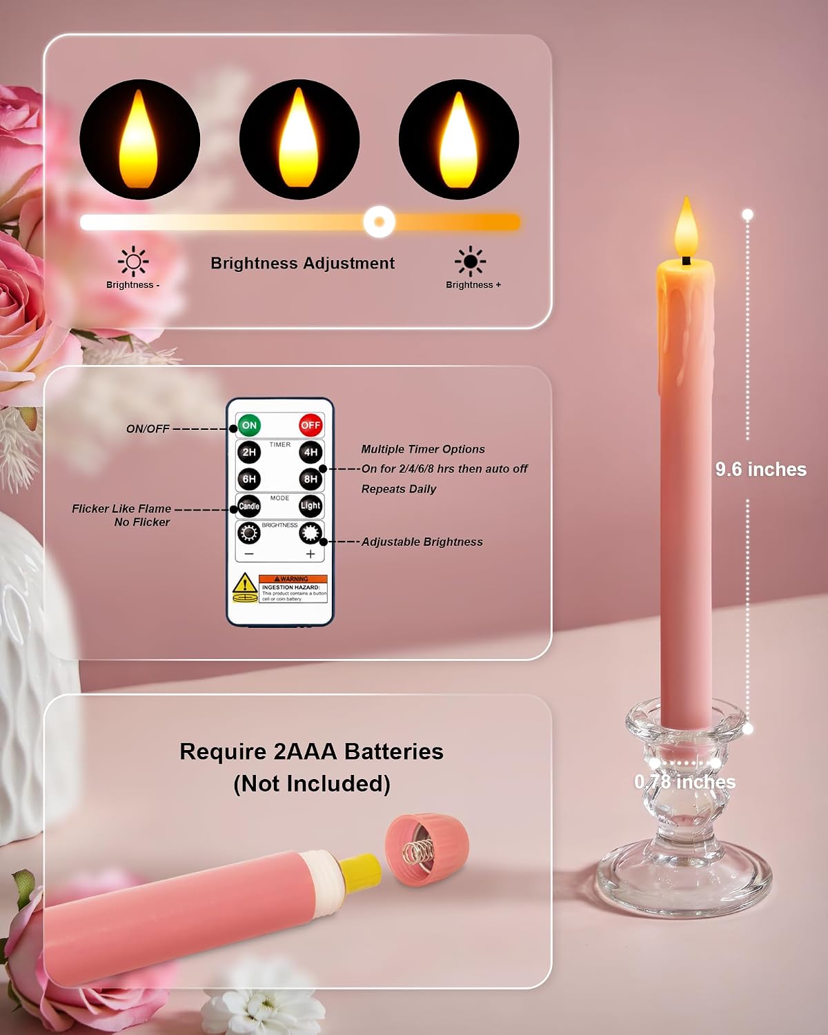 Homemory 6 Pcs Real Wax Pink Flameless Taper Candles with Remote Timer, 9.6 Inches LED Fake Candlesticks, LED Candle