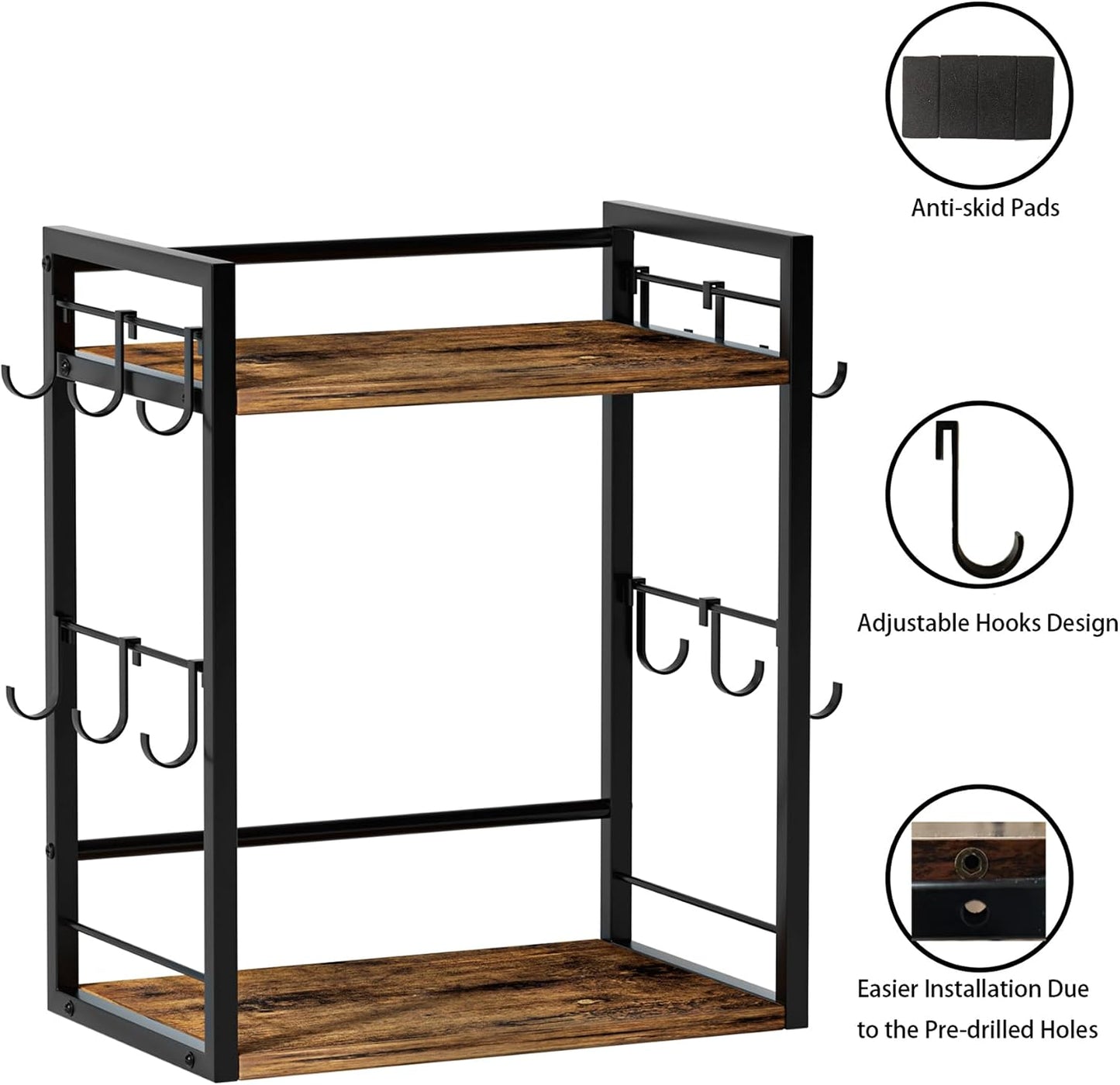 Dorhors Coffee Bar Organizer,Mug Holder,Station Organizer Kitchen Counter | 2 Tier Rustic Brown Wood Coffee Bar
