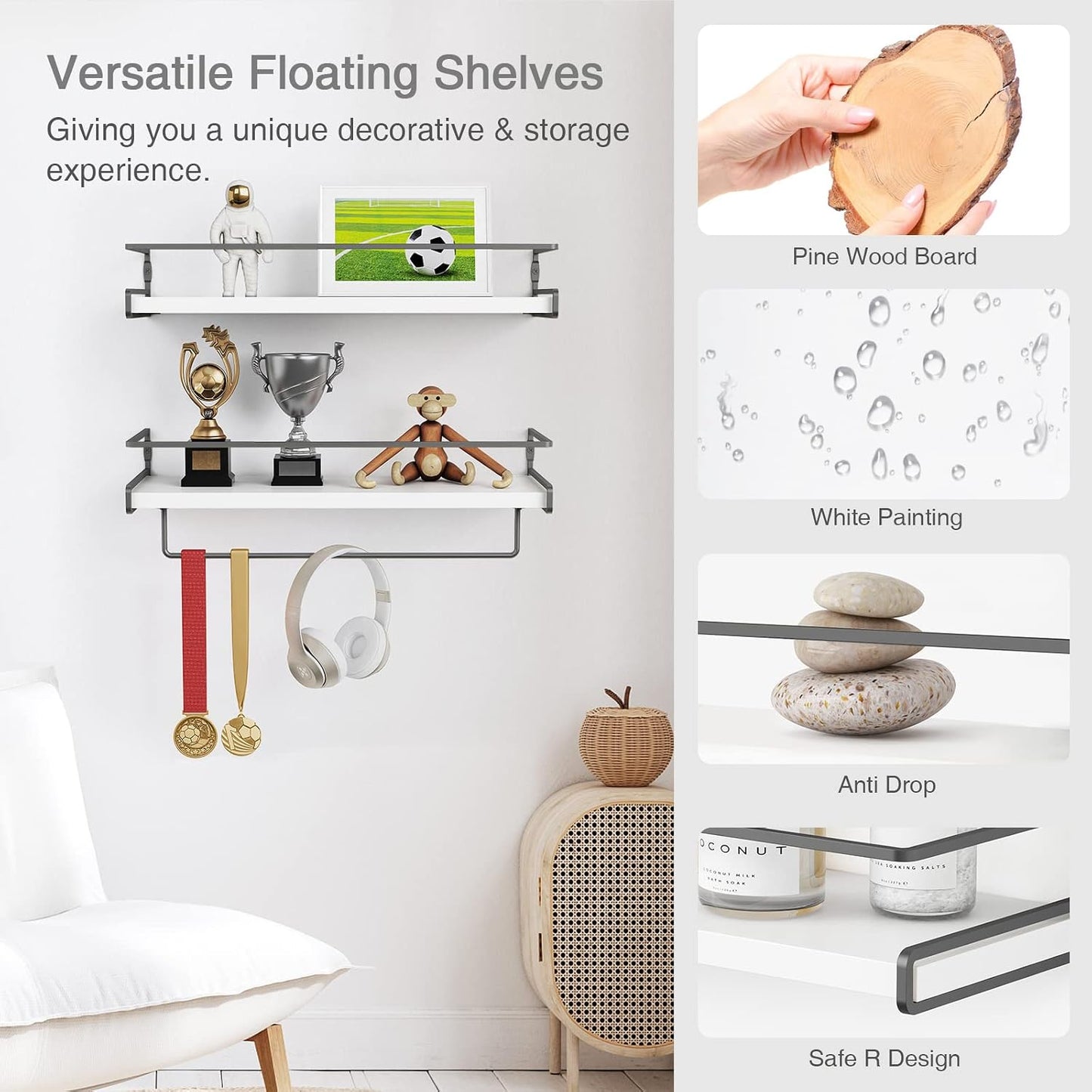 Forbena White Floating Shelves for Bathroom Organizer Over Toilet, Bathroom Shelves Wall Mounted with Towel Rack