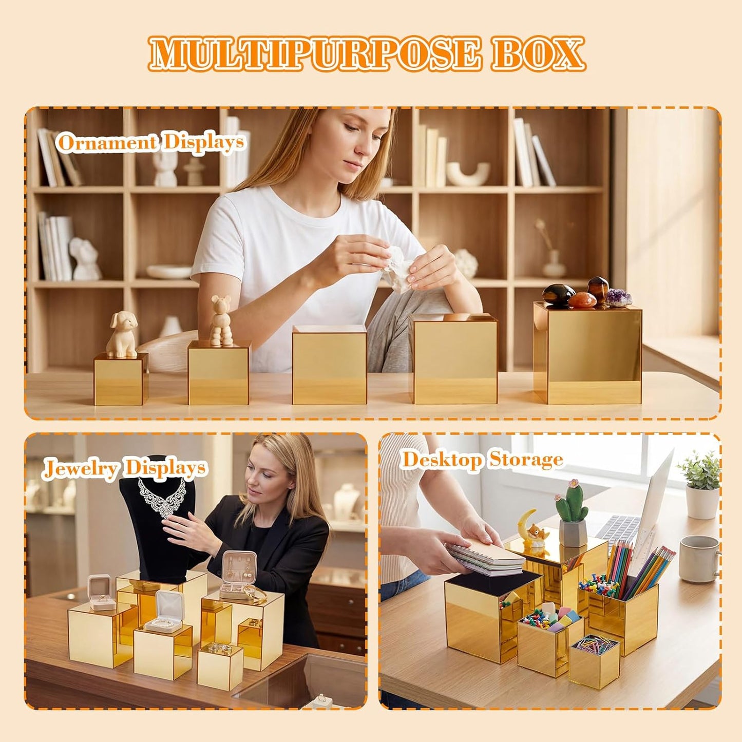 Hollow Bottom Acrylic Cube Stand Boxes for Display / Gold Mirror / 3, 4, 5, 6, 6.5 Inch / Set of 5