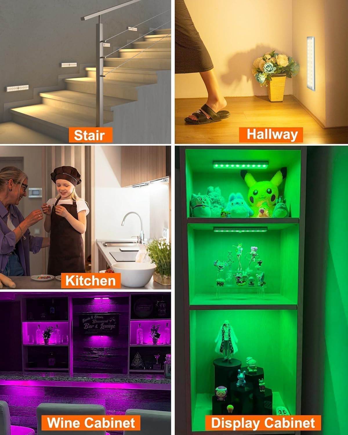 Under Cabinet Lighting Wireless, RGB LED Closet Lights, 4 Pack | 58 LEDs,Rechargeable Motion Sensor Light Indoor