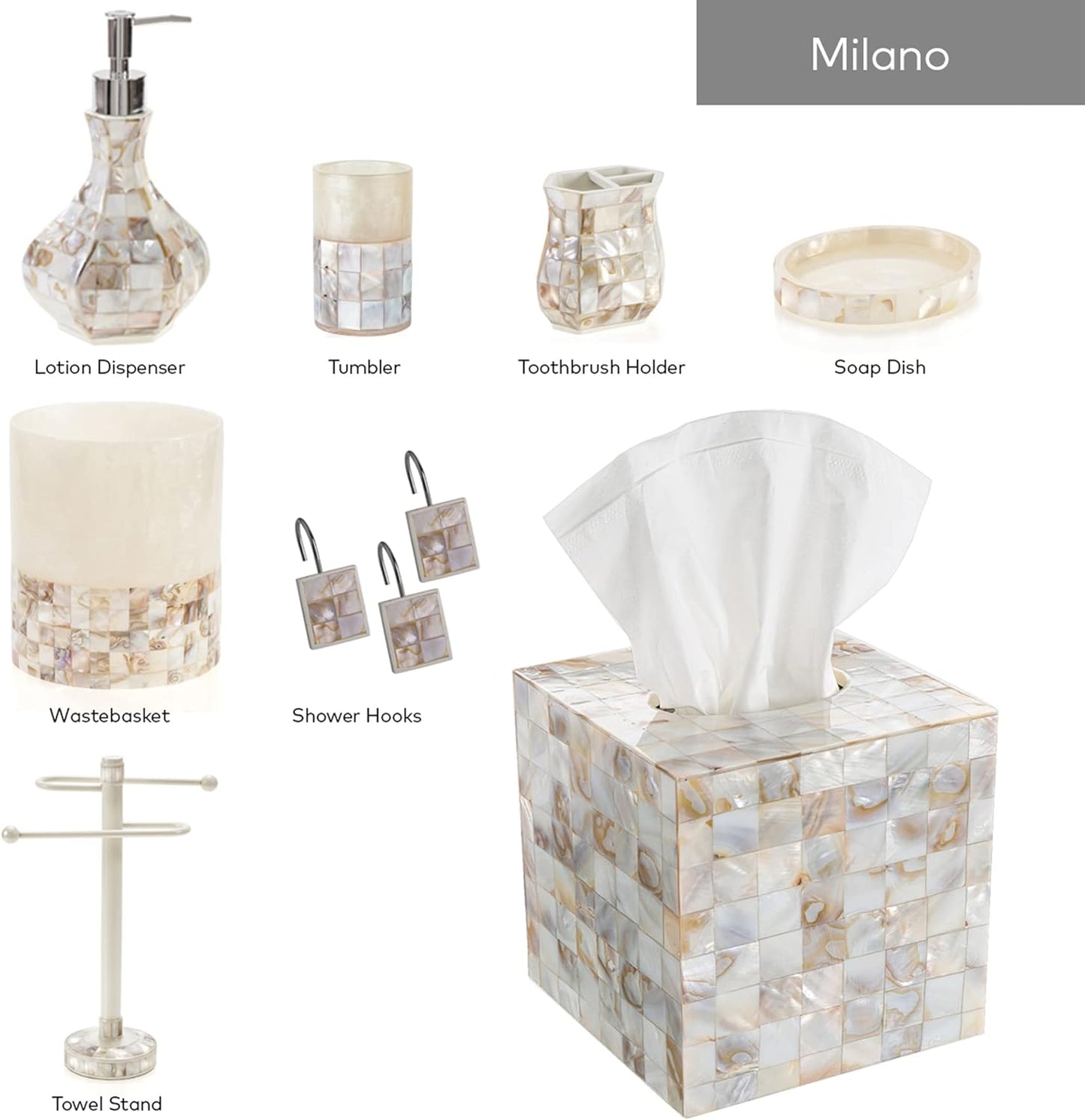 Milano Mother of Pearl Square Resin Tissue Box Cover / Square Tissue Box Cover