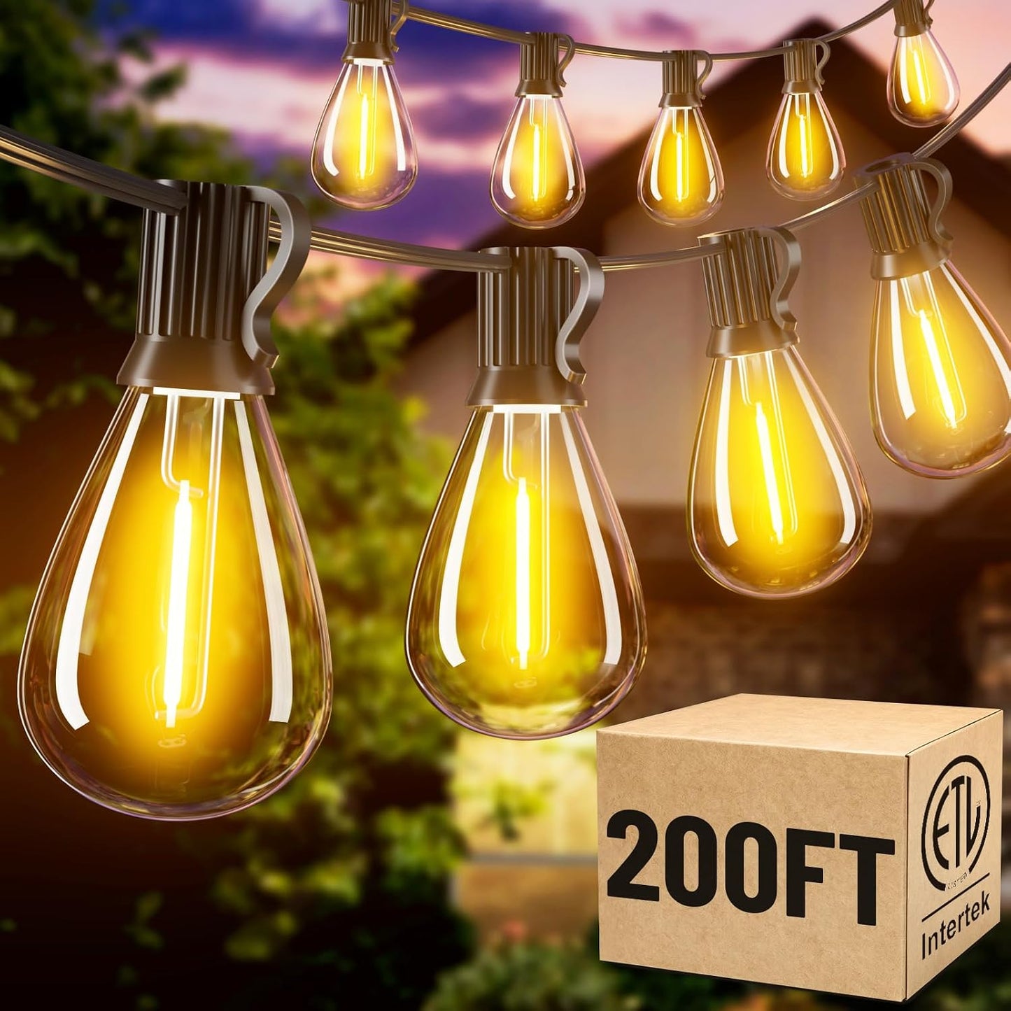 200FT LED Outdoor String Lights with 60+2 Edison Shatterproof Waterproof Bulbs, 2700K Commercial Grade Patio Lights