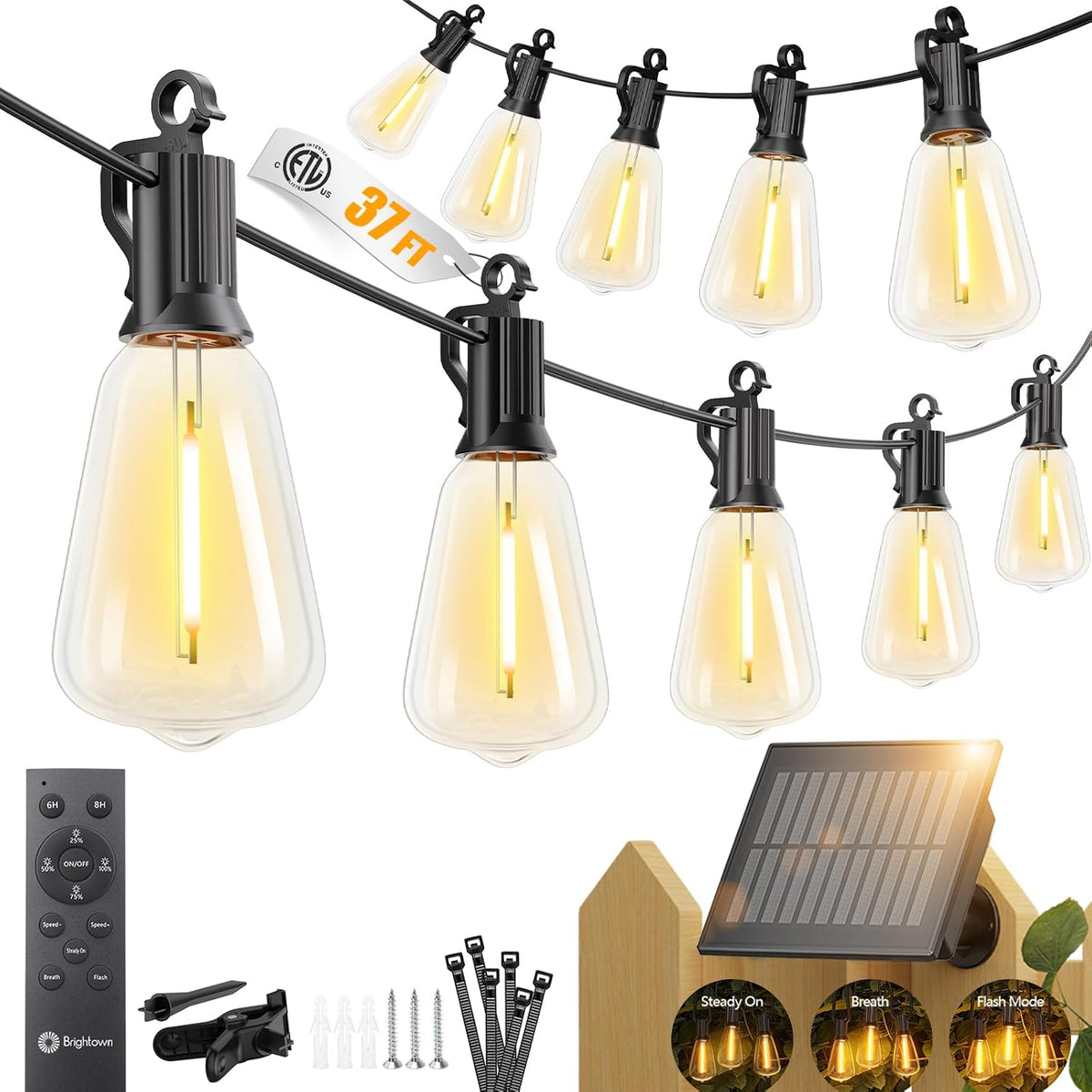 Brightown 37FT Solar String Lights Outdoor, 10+1 Shatterproof LED Lights