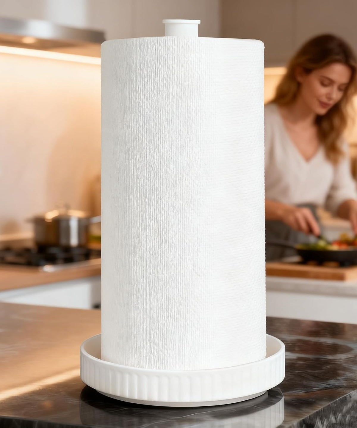 Paper Towel Holder, Ceramic Heavy Plate Base Wobble-Free, Roll Stand-White | Effortless Cleaning and Easy to Assemble