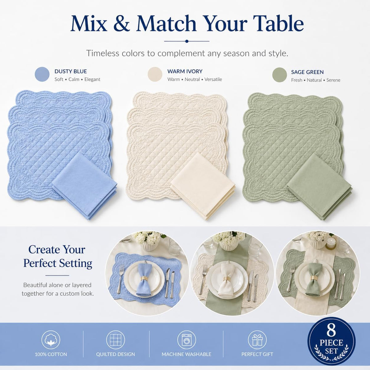 8-Piece Quilted Cotton Placemats with Napkins, Aqua Blue | 4 quilted 13 x 19-inch cotton placemats, 4 matching 18 x