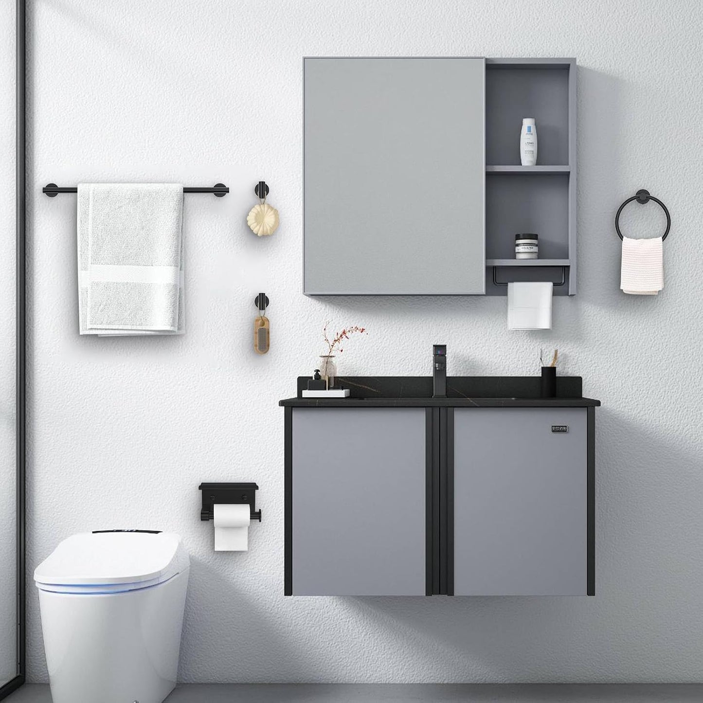 Matte Black Towel Bar Set 5 Pieces Bathroom Hardware Accessories Set Round Towel Holder Set for Bathroom Upgraded