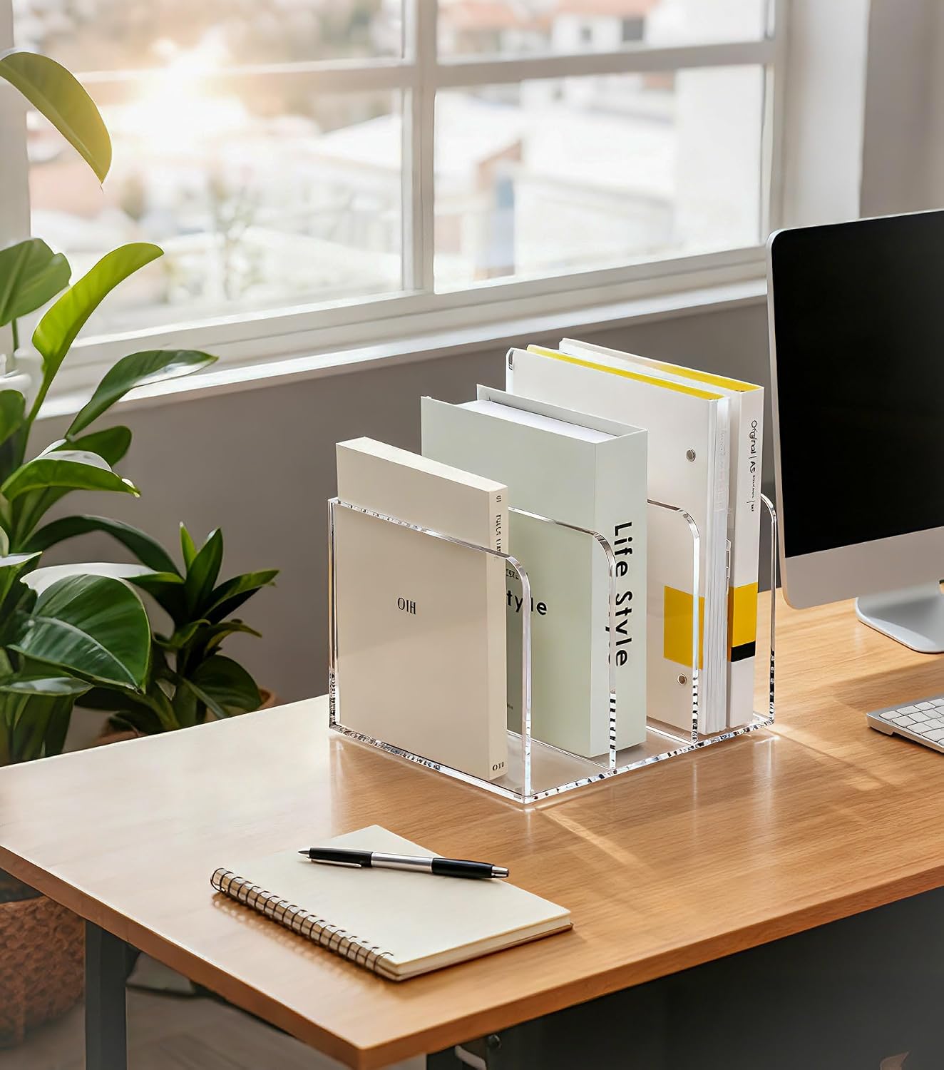 SANRUI Clear Acrylic Vertical Magazine File Organizer with 3-Slot, Clear | 3-Compartment File Magazine Sorter