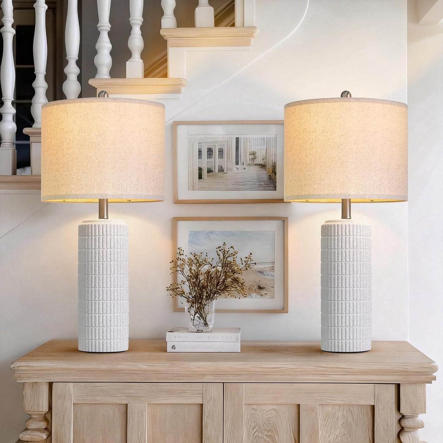 PoKat 27.5'' Tall Table Lamps for Living Room Set of 2, Stone-Like Ceramic Bedroom Lamps for Night Stands, Farmhouse